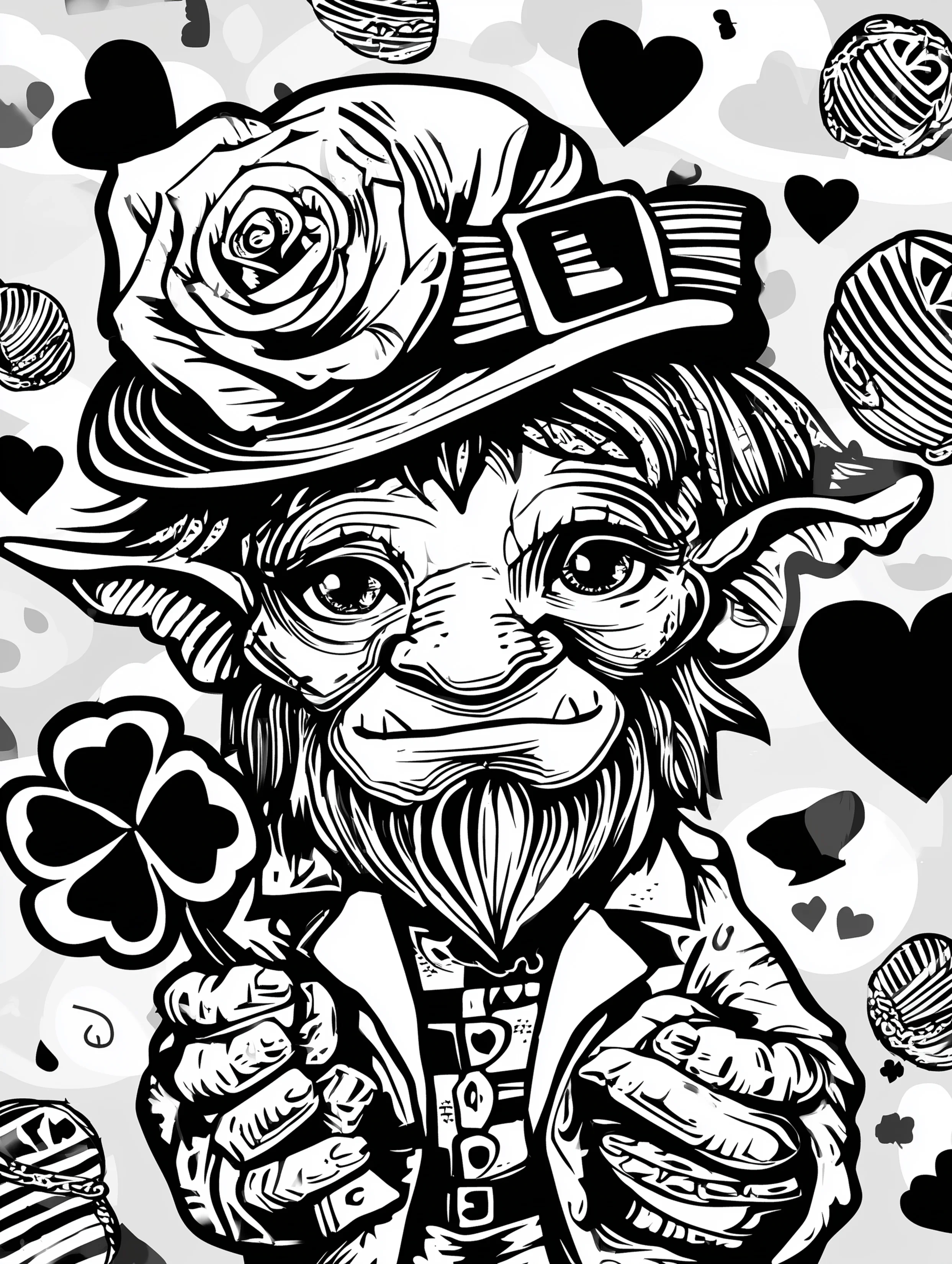 Free printable St Patricks Day coloring page for adults featuring a stylized leprechaun with fanged details